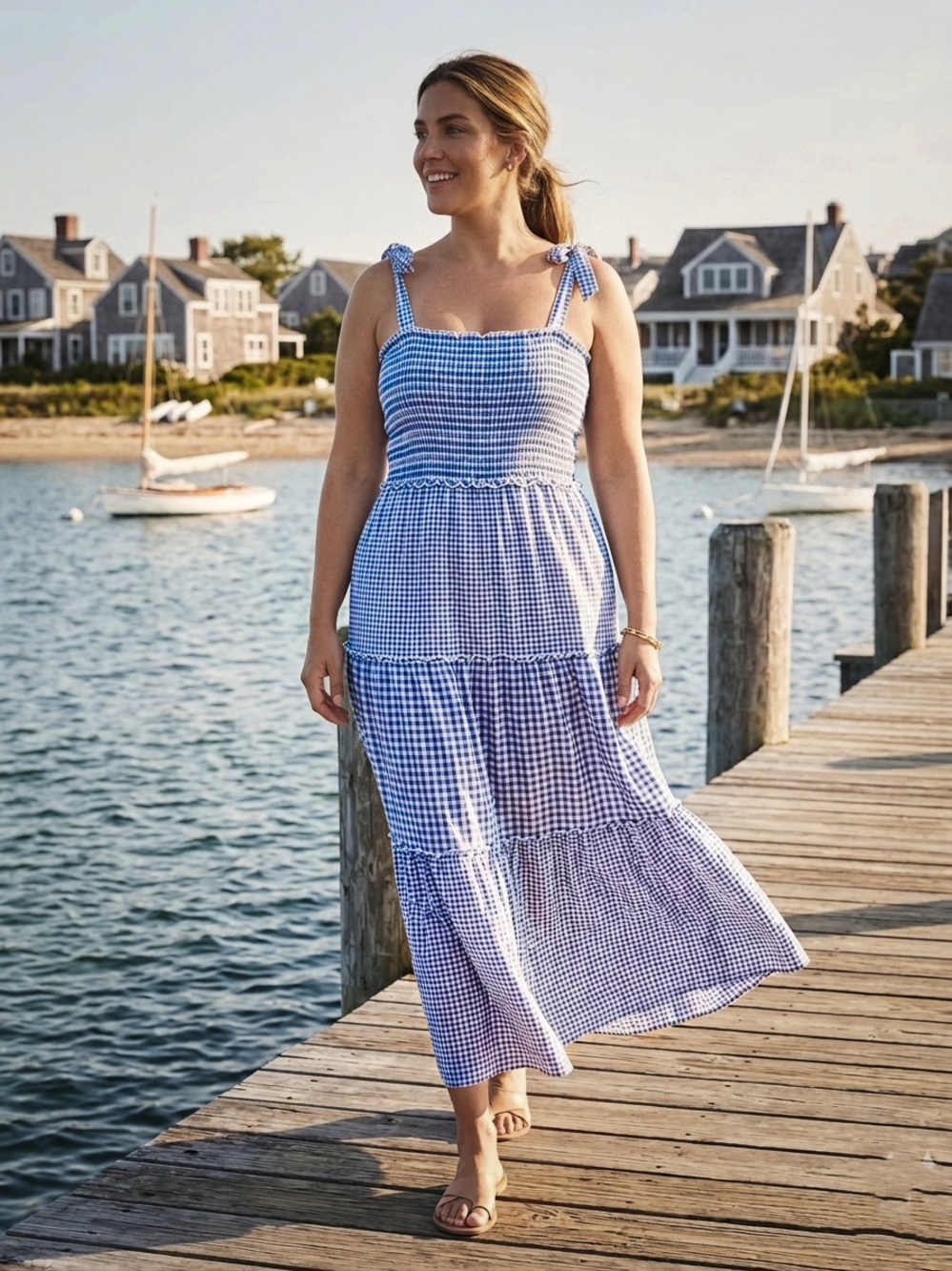 BeBop Blue White Gingham Smocked Tie Strap Maxi Dress Size L